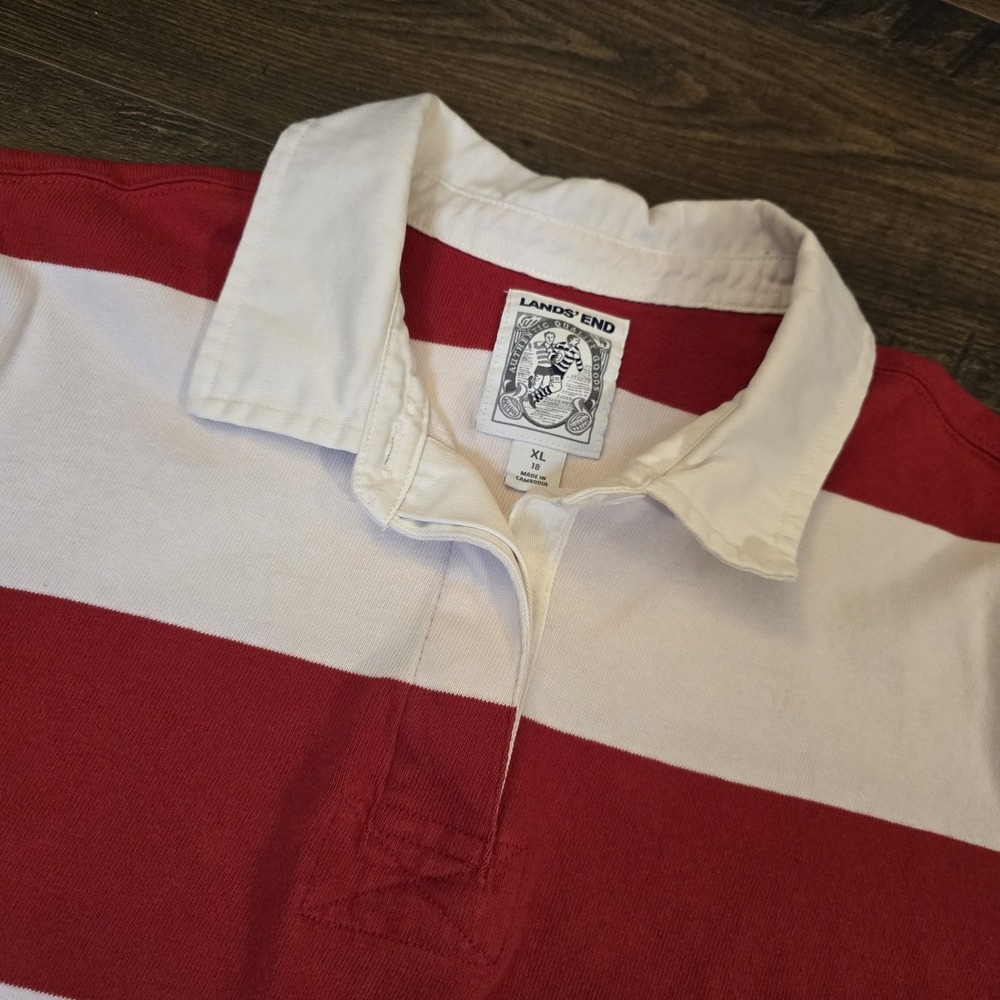 Lands End Rugby Shirt Youth XLarge 18‎ Red White Striped Long Sleeve Preppy XL